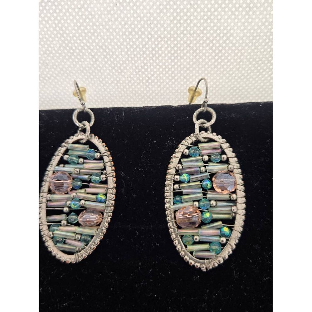 Silver Tone Oval Beaded Iridescent Handmade Dangle Earrings